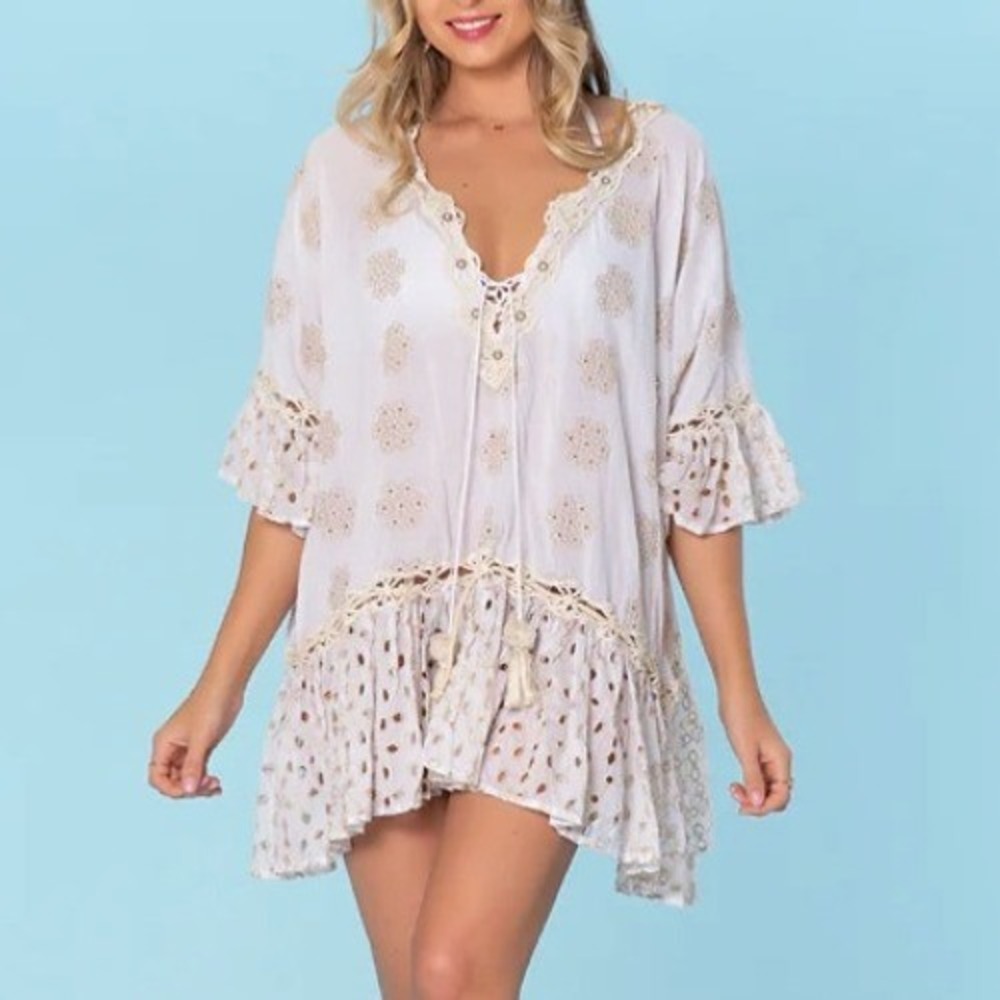 Ranees Embroidered Pearl Cotton‎ Tunic Mini Dress Swim Cover Small Boho Resort